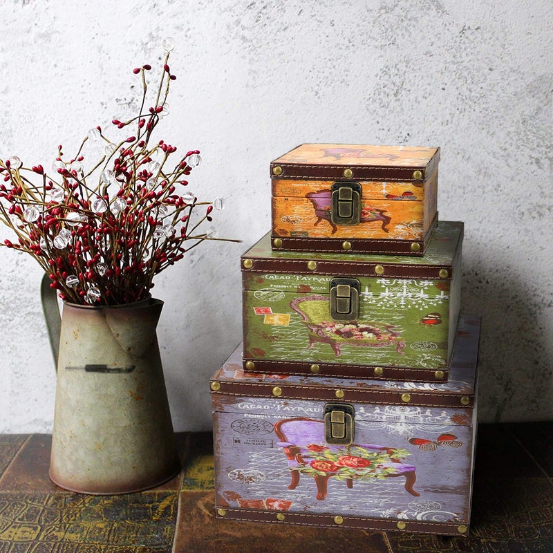 Jolitac Wooden Storage Box Set of 3  Vintage Decorative Boxes with lid Home Decor  Wood Storage Nesting Boxes With Latch  Rustic Antique Box Set for Keep Photos  Jewelry  Cash (Chair) - Image 4
